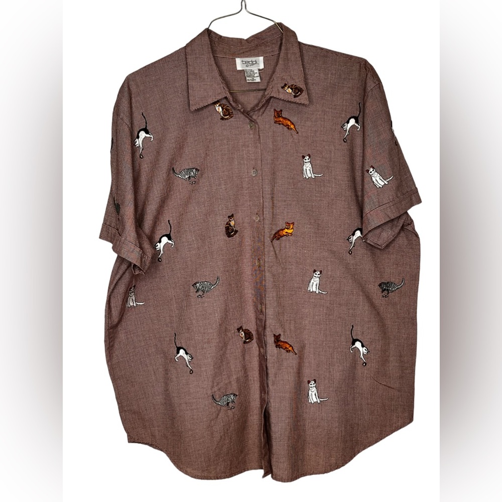 Teddi Womens XL Embroidered Cats Button Up Shirt Short Sleeves Cat Lover Size 1X